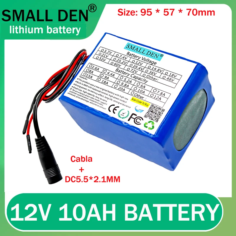 

12V 10Ah Large capacity 18650 li-lon battery pack 12.6V 10000mAh with PCB Circuit Protection Board wire+DC5.5*2.1