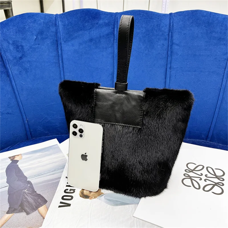 Women's European and American Fashion Fur Handbag Imported Mink Fur Bag Simple Large Capacity One Shoulder Oblique Straddle Bag