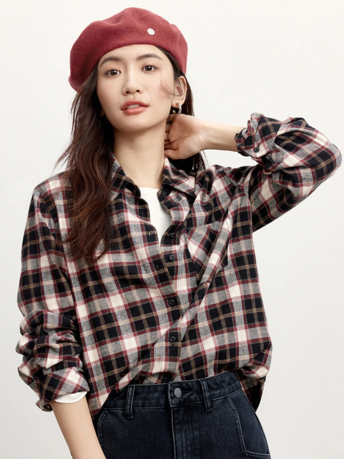 Ifuli Sanding Casual Versitile Fashion Wine Red Plaid Shirts Women 2024 Autumn clothes New f992433
