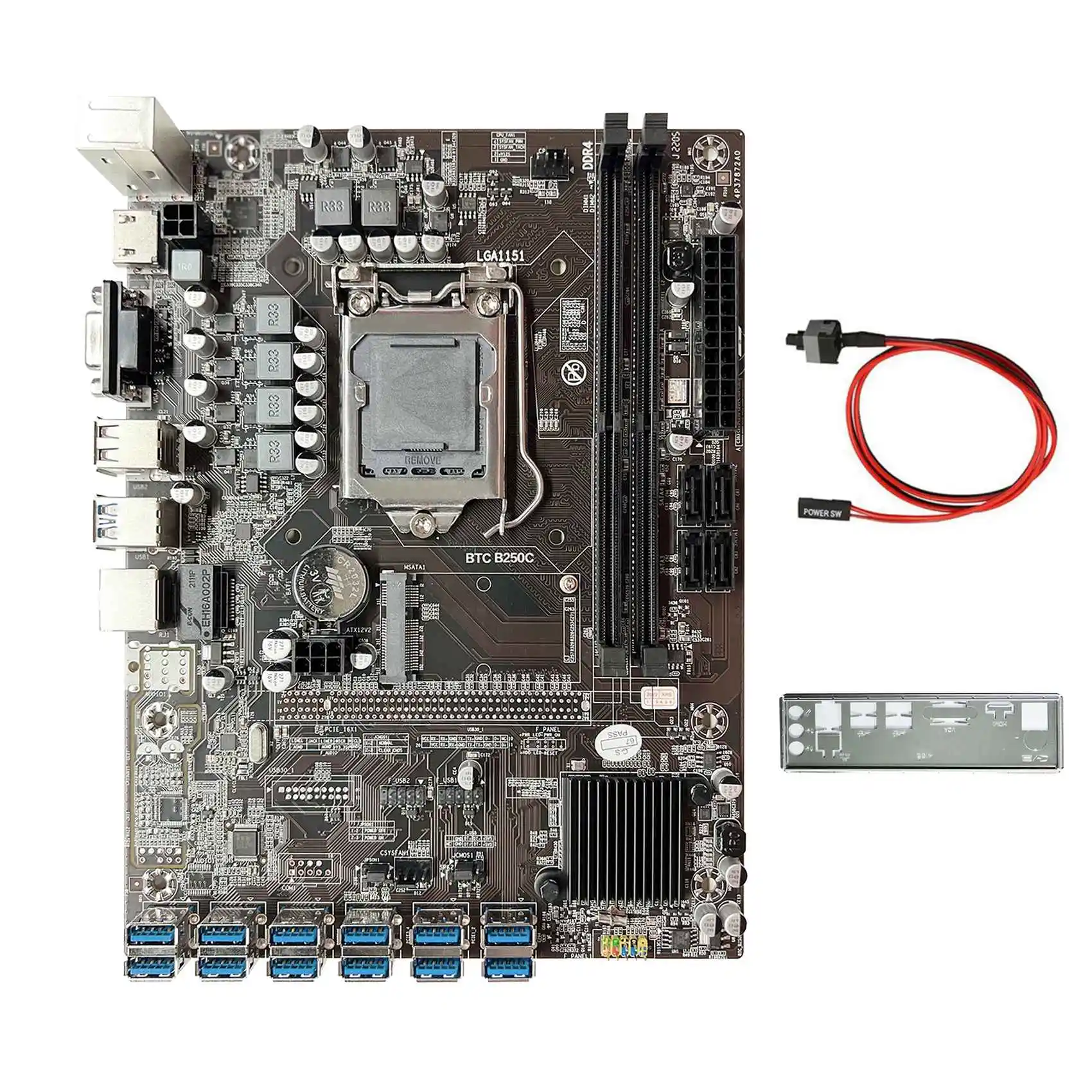 

B250C ETH Miner Motherboard+Baffle+Switch Cable 12 PCIE to USB3.0 Graphics Card Slot LGA1151 DDR4 for BTC Mining