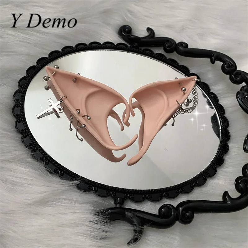 Y Demo 1 Pair Gothic Handmade Rivets Cross Chains Women's Elf Ears Silicon Party Cosplay Accessory