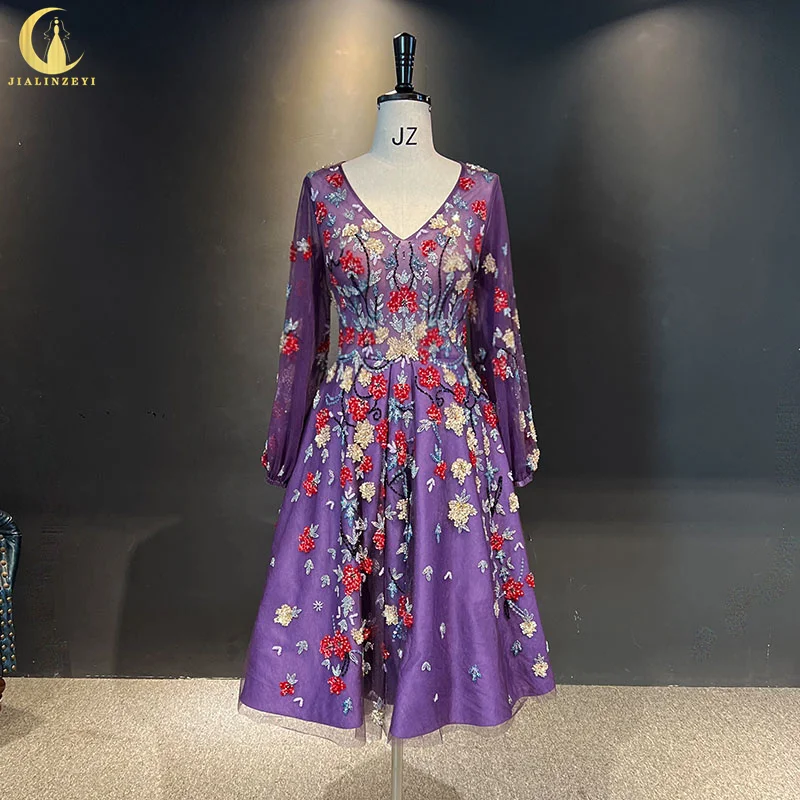 

Женское вечернее платье до колен, бальное платье с длинным рукавом и фиолетовыми цветами, 3010