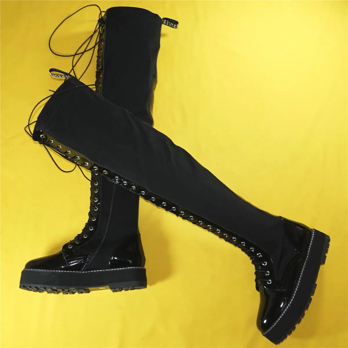 Thigh High Fashion Sneakers Women Lace Up Patent Leather Over The Knee Boots Female Stretch Fabric Platform Pumps Casual Shoes
