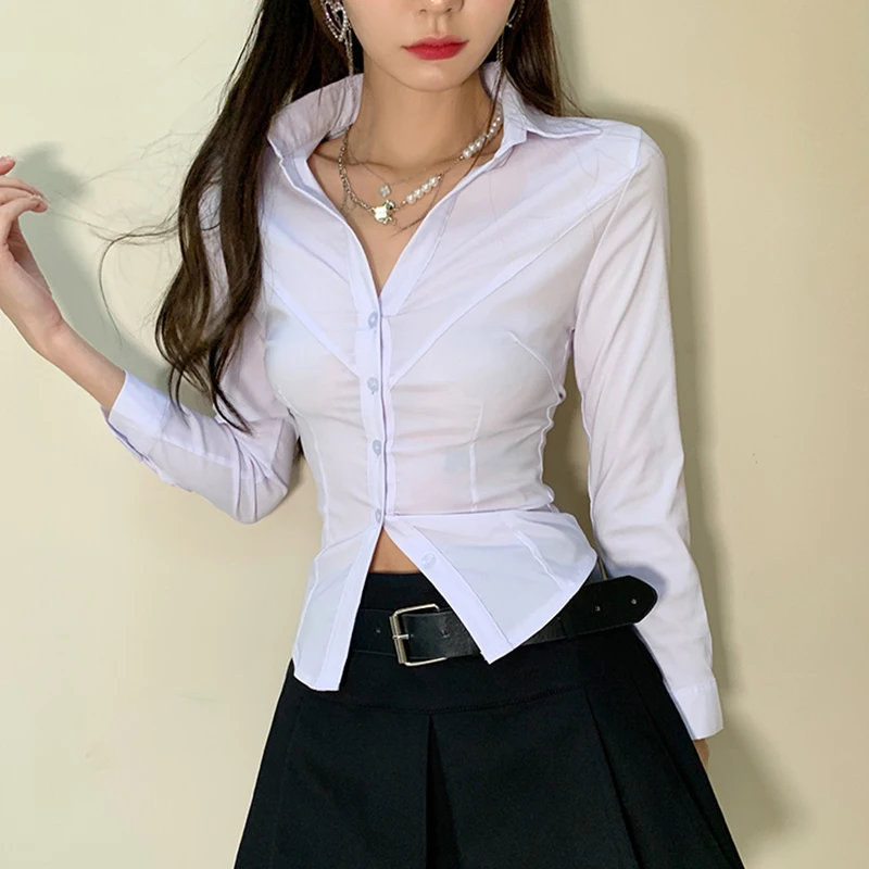 

Autumn New Fashion Women Shirt y2k Sexy Blusas Femme Crop Top Vintage Slim Fit Long-Sleeved Short Cotton White Blouses Mujer