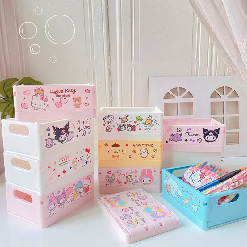 17CM Sanrioed Storage Box Foldable Kawaii Kuromi Melody Cinnamoroll Pom Pom Purin Anime Periphery Table Stackable Practical Gift