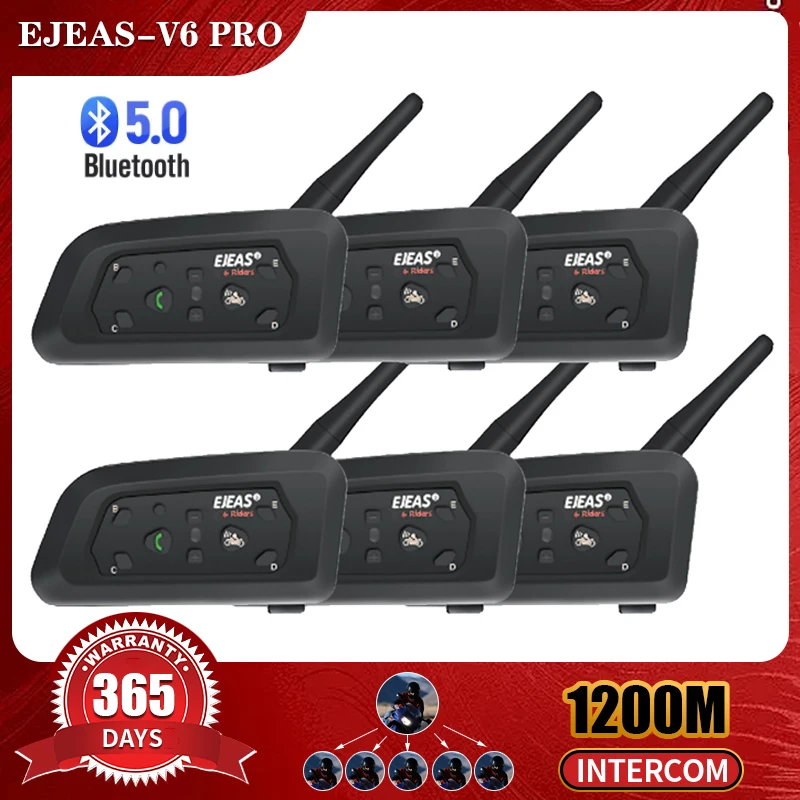 6Pcs EJEAS V6 Pro Motorcycle Bluetooth Helmet Intercom 1200M BT5.0 Motorcycle Interphone Communicator 2-way For 6 Riders IP65