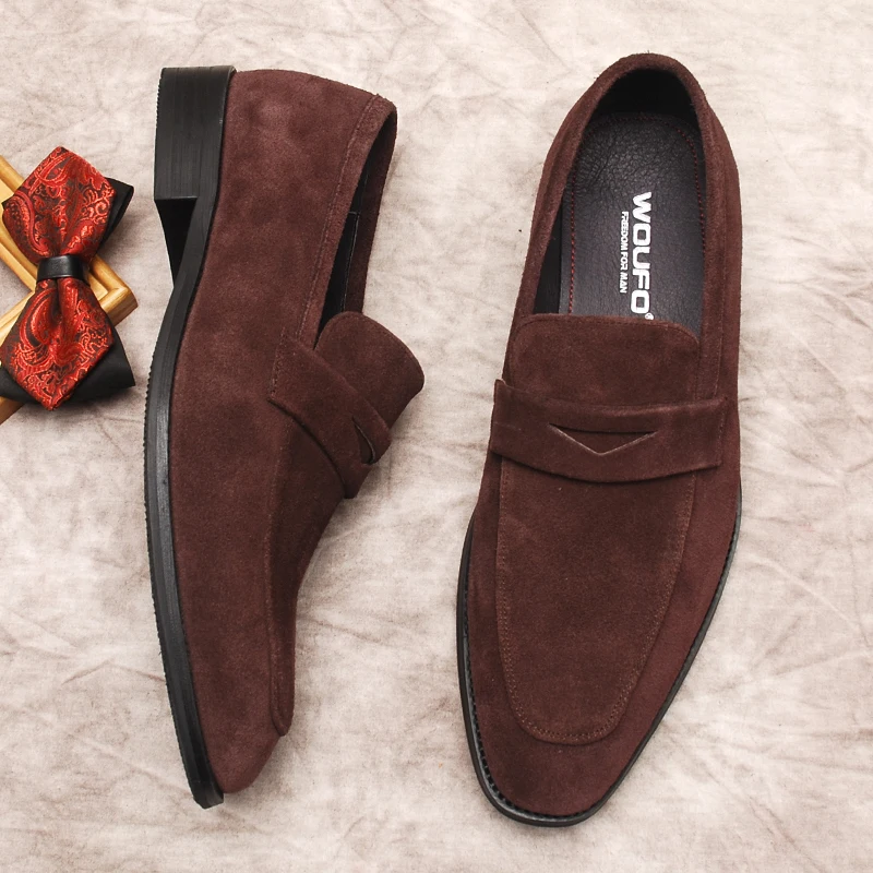 

Men's Luxury Loafer Dress Shoes Suede Genuine Leather Slip On Brown Black Penny Loafers Men Fashion Wedding Office Oxford Shoes
