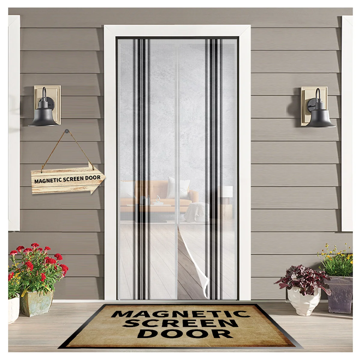 

Farmhouse Stripes Black And White Magnetic Screen Door Curtain Living Room Bedroom Kitchen Anti-mosquito Window Screen