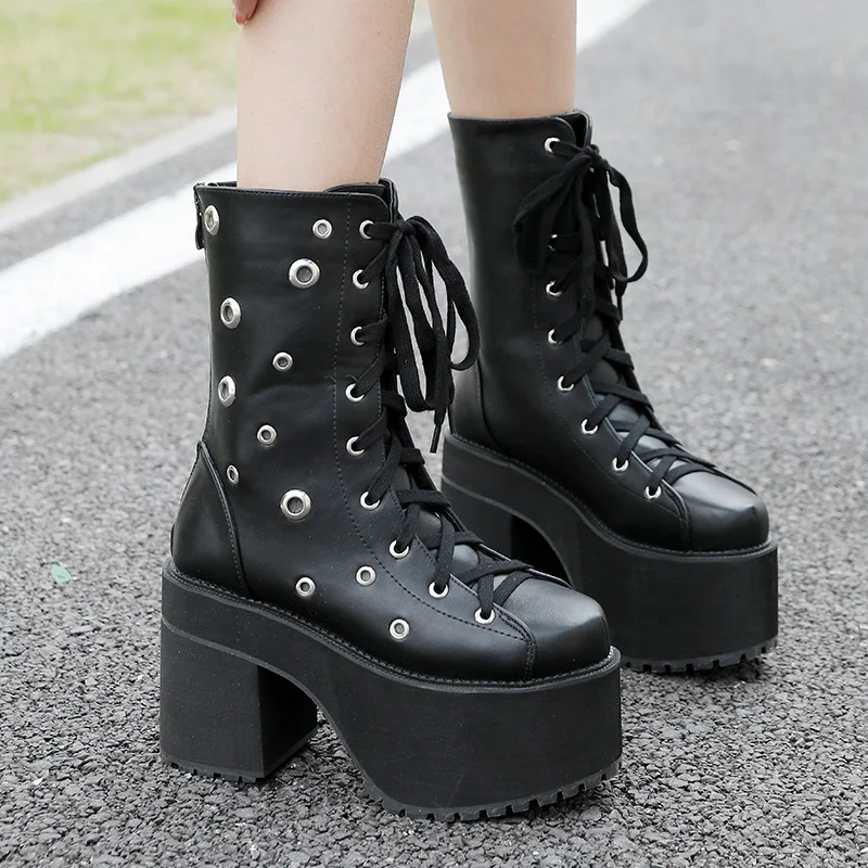 

Plus Size 2022 Combat Boots Women Pu Leather Motorcycle Punk Gothic Shoes Fashion Lace Up Ankle Female Round Toe Botines Mujer