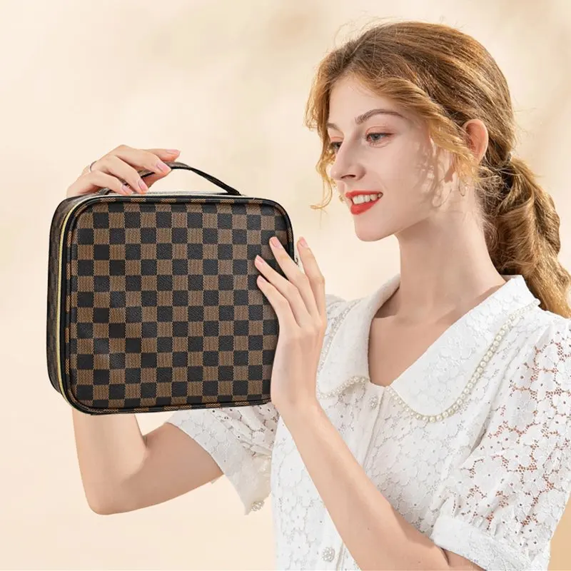 Makeup Bag for Women, Checkered Cosmetic Case, Travel Cosmetic Organizer with Adjustable Dividers, Red