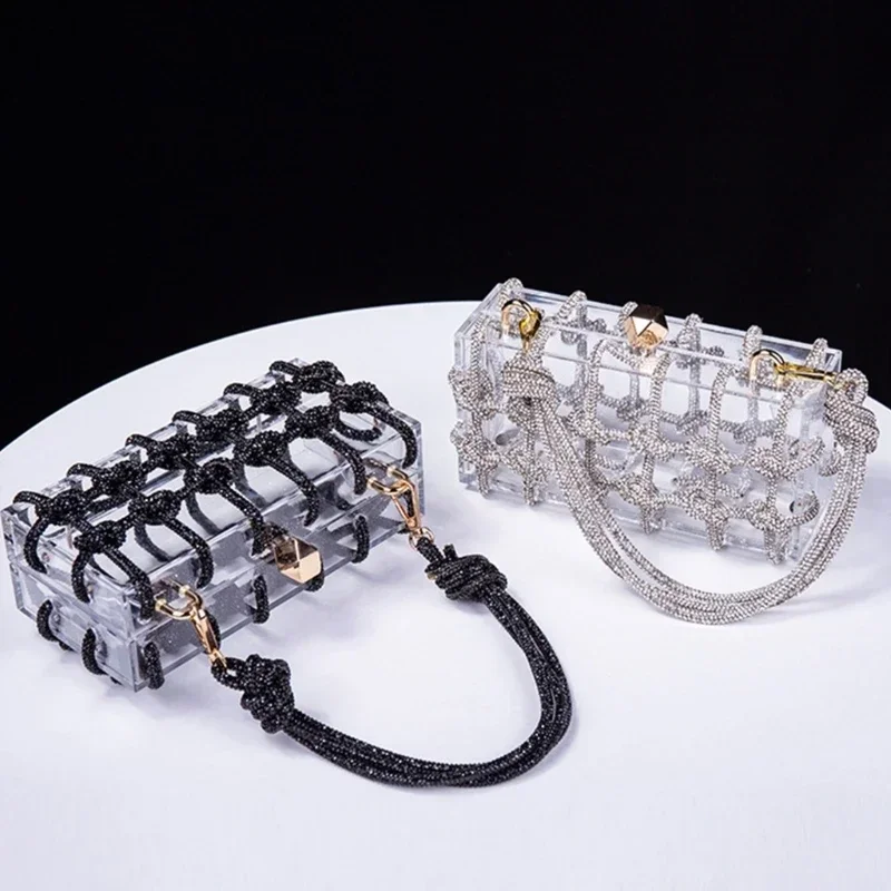 

Diamond Clear Acrylic Box Evening Clutch Bags Women Boutique Woven Knotted Rope Rhinestone Purse and Handbags Wedding Party Ins