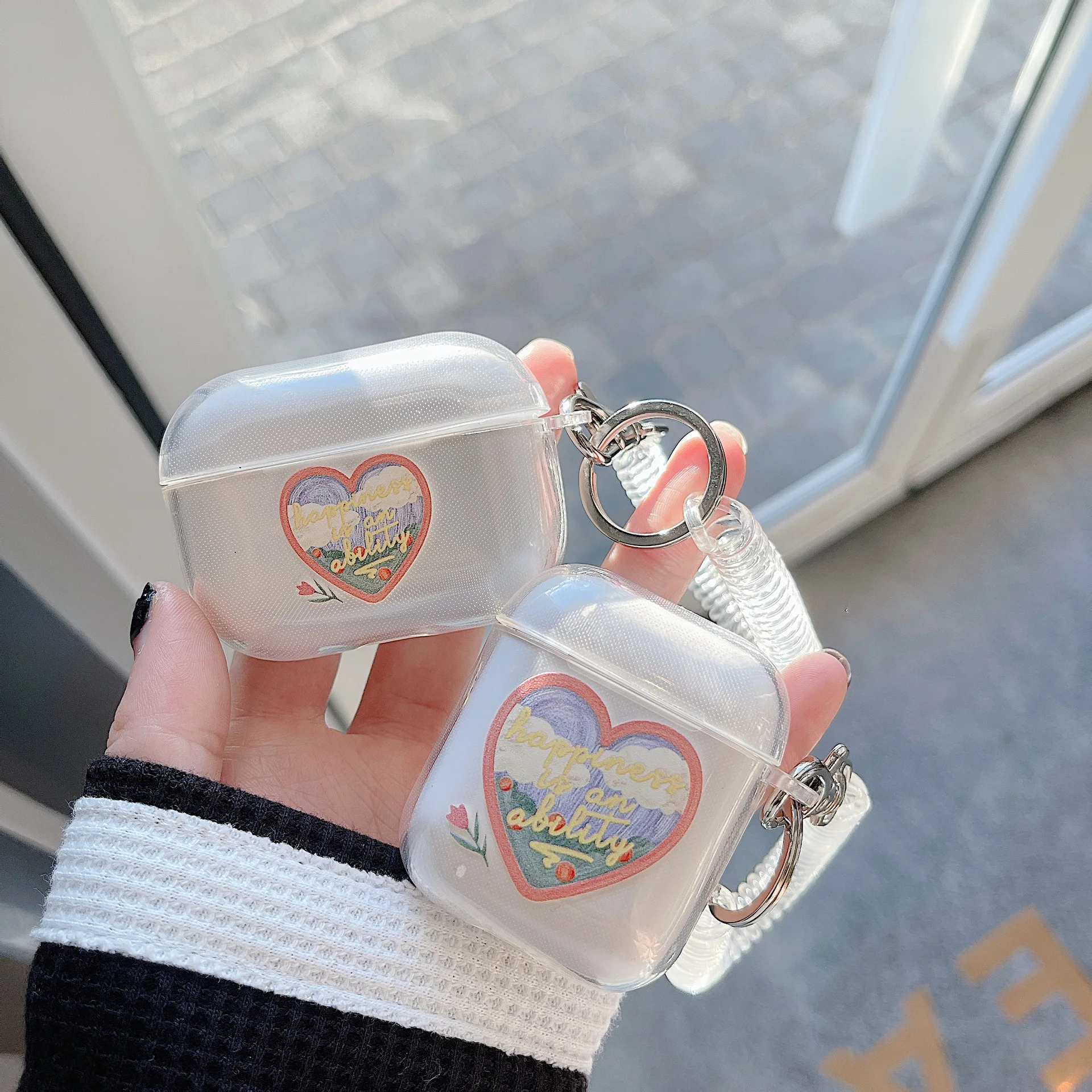 

Heart Canvas Earphone Case With Wire Chain For Airpods Transparent Wireless Bluetooth Headset Charging Box For Airpods Pro Case