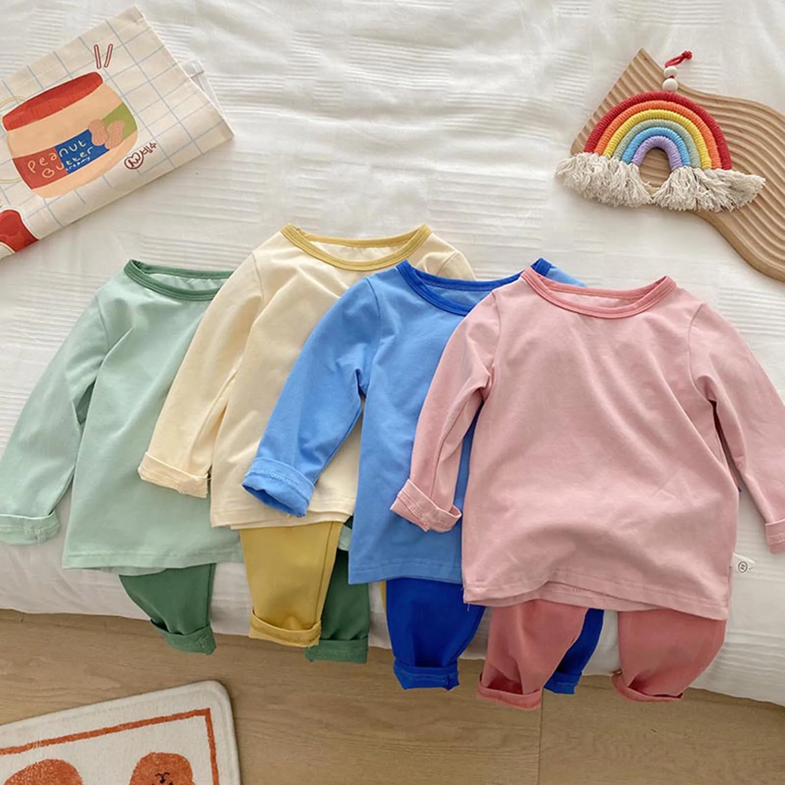 

1-7 Years Kids Babys Toddlers Girls Clothes Set Spring Autumn Long Sleeve Pullovers+Pants Set Solid Color Soft Sleepwear Outfits