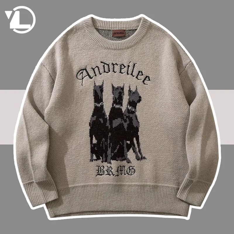High Street Knitted Sweaters Men Hip Hop Dog Letter Embroidery Oversized Pullovers Vintage Harajuku Jumper Loose Fashion Sweater