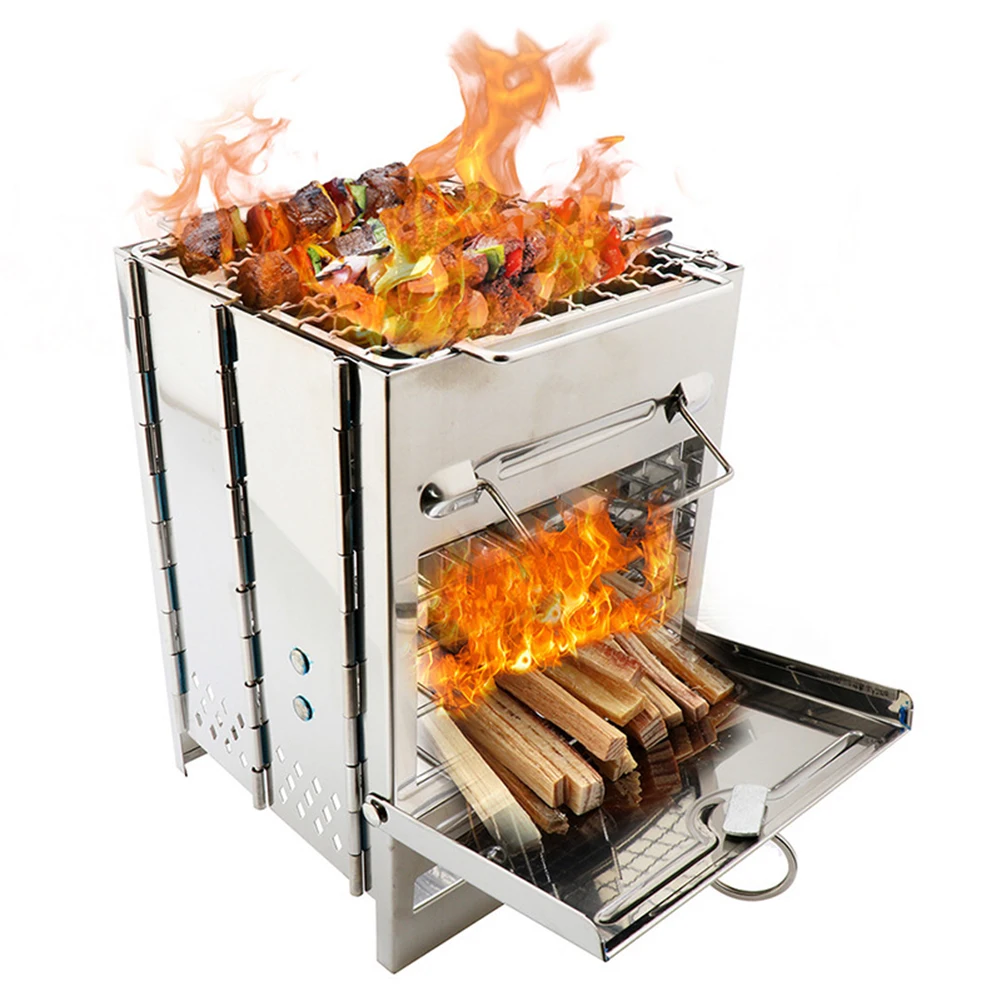 

Mini Charcoal Grill Camping Wood Stove Stainless Steel Fold-able Outdoor Stove Barbecue Grill for Camping Outdoor Picnic