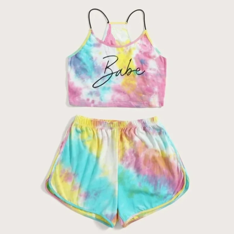 

Tie Dye Letter Print Women's Clothing Suspender Oversized Casual Loose Jogging Tracksuit Sport Set Sexy Shorts Suits 2021 New