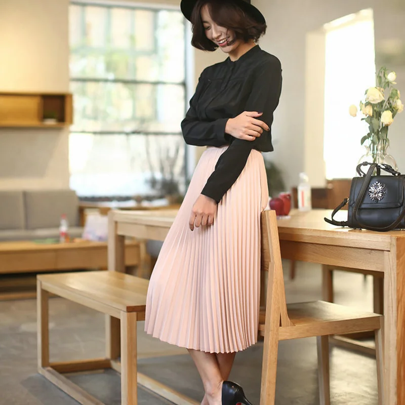 

High waist skirt plied with medium length, elastic, smooth color, black and pink, winter and autumn, promotions