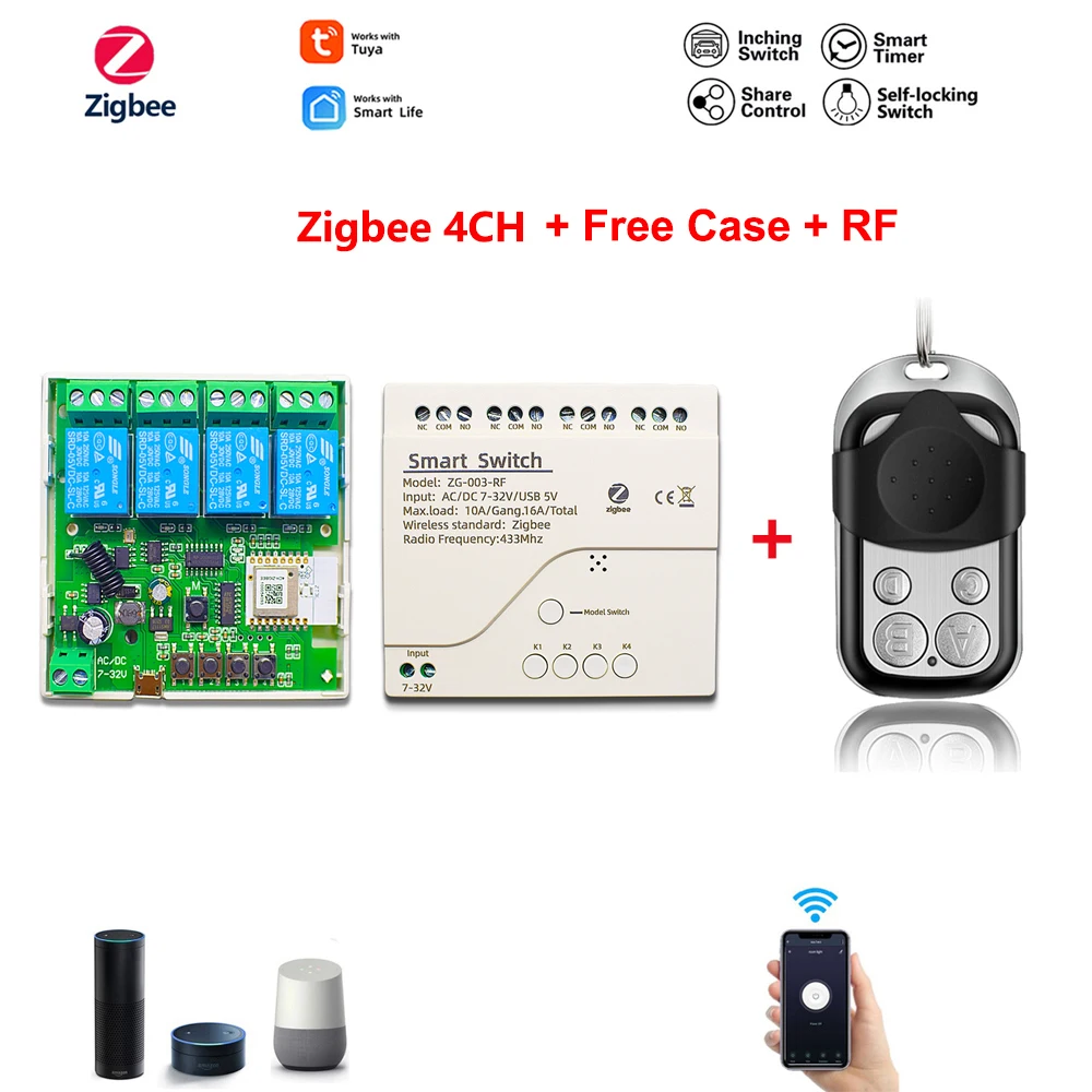 

Tuya WiFi 4ch 22V Zigbee Intelligent Switch Light Module 433MHz RF Remote Check Door Opener 7-32V Work With Alexa Google Home