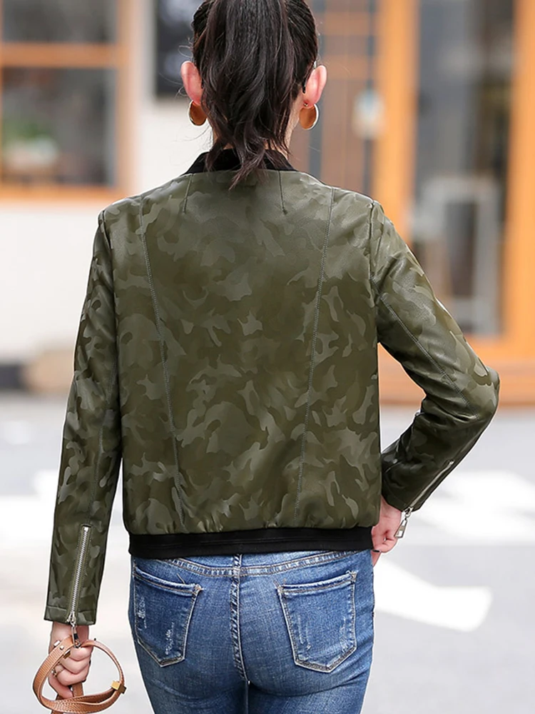 New Women Camouflage Leather Jacket Spring Autumn Casual Baseball Uniform Style Sheepskin Short Coat Loose Jacket Split Leather