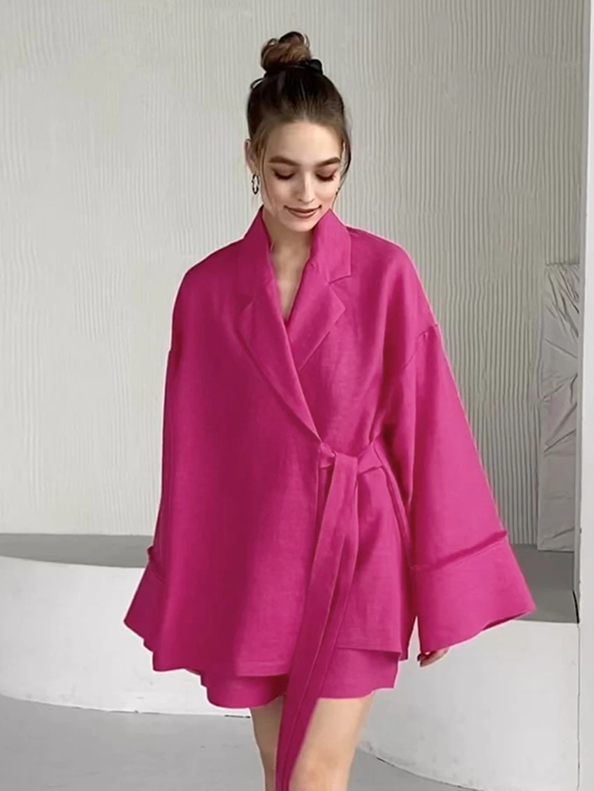 

Marthaqiqi Pink Home Clothes For Women Sexy Turn-Down Collar Nightwear Long Sleeve Pajama Lace Up Nightie Loose Nightgowns Suits