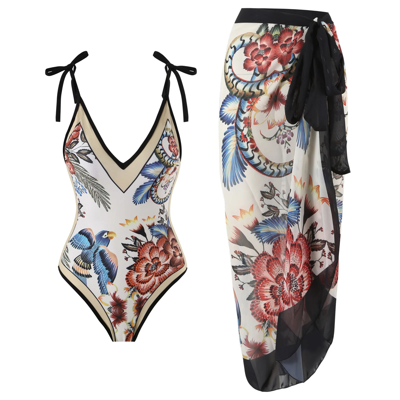 NEW Women Swimwear With Cover-ups Retro Brazilian Swim Suit Luxury One-piece Backless Bathingsuit Vintage Floral Bird Print