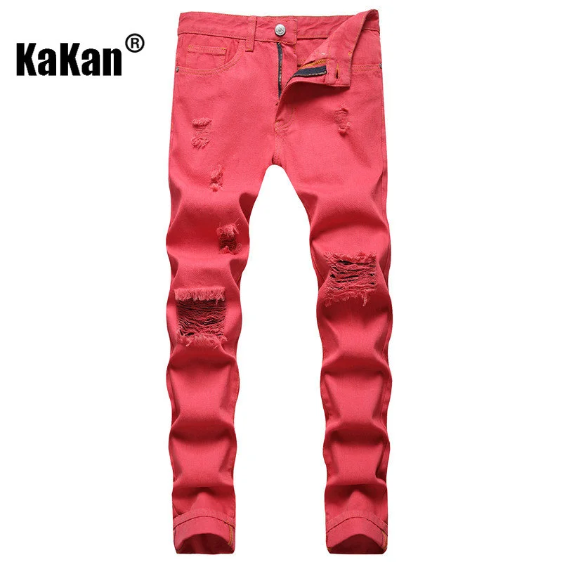 Kakan - New European and American Ripped Straight Leg Jeans for Men, Casual Mid Rise Youth Straight Leg Long Jeans K44-5016
