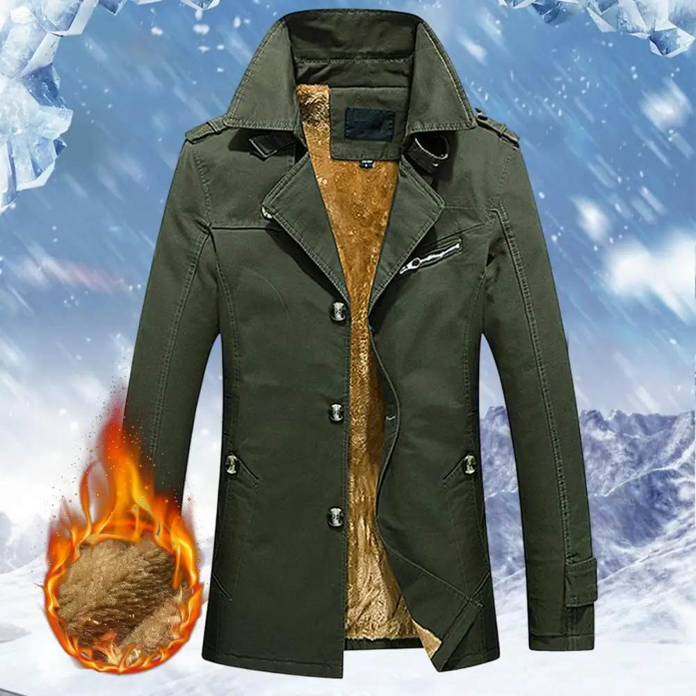 

Ветровка мужская с лацканами и длинными рукавами, флисовая подкладка, на пуговицах, однотонная утепленная куртка средней длины, Осень-зима C