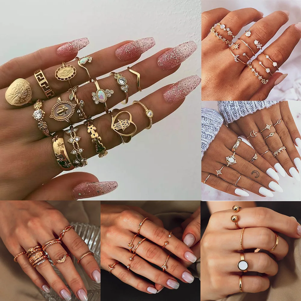 

Aporola Fashion Diamond-studded Star Moon Index Finger Set Ring Retro Alloy Open Ring Set for Ladies Gift Anniversary