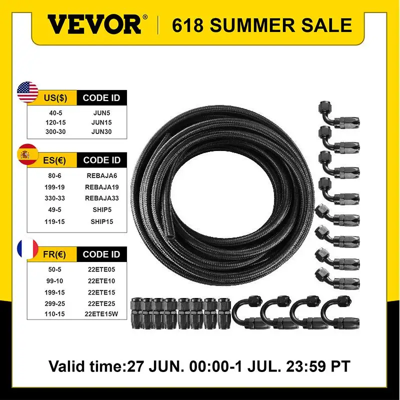 

VEVOR 6 / 8 AN 32.8 FT Steel Nylon Braided Oil Fuel Hose Line Kit 20 PCS Hose End 1000 PSI Burst Pressure Aluminum Adapter Tool