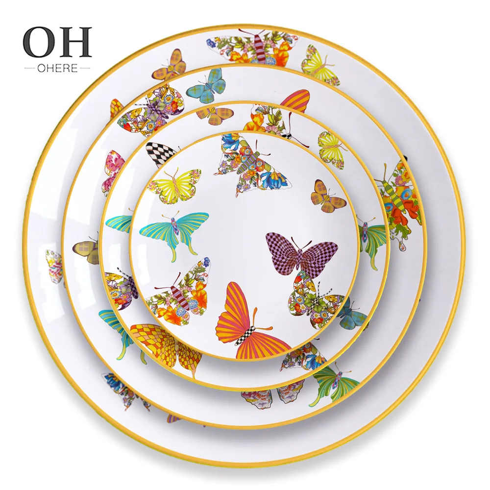 

Tableware bowls, bone china dinner plates, 4-piece set of butterfly flat plates, gold border gift decoration