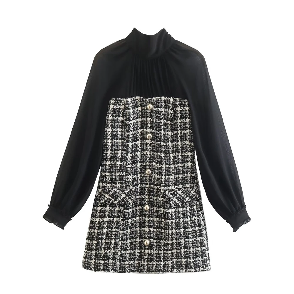 

WOMEN TRAF 2022 New Chic Texture Patchwork Dress Long Sleeve Back Zipper Design Vintage Female Elegant Dress Mujer 8789148