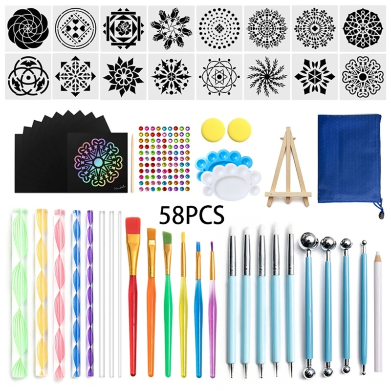 

58pcs Mandala Dotting Tools with Cardboard Paint Tray Stencil Template for Painting Rock Stone