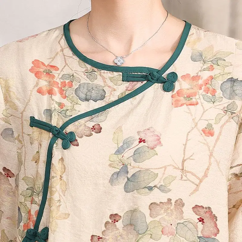 Женская свободная рубашка в китайском стиле Элегантная блузка с круглым вырезом