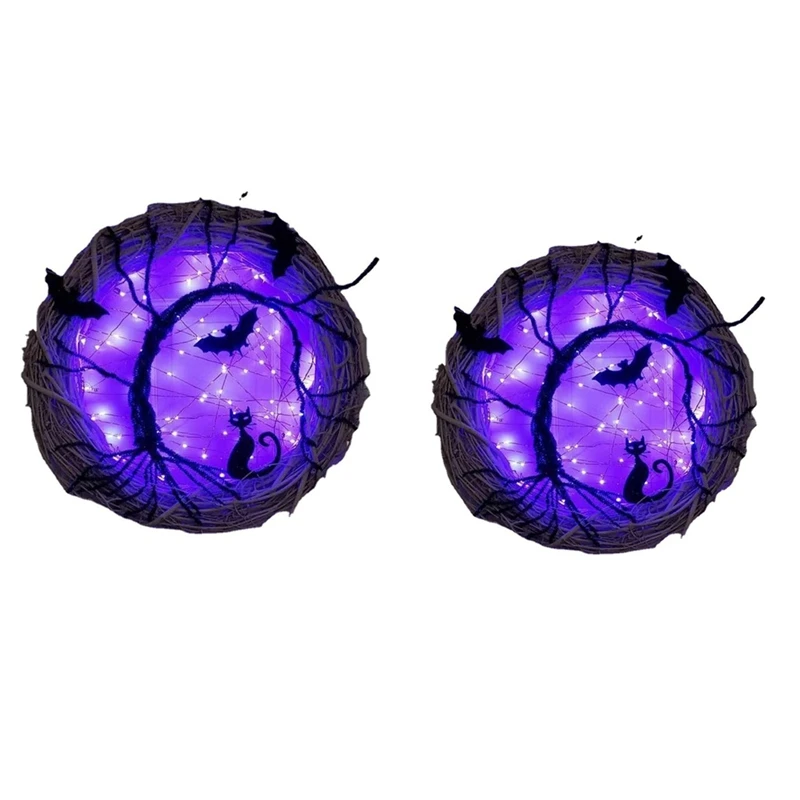 

Halloween Wreaths For Front Door, Lighted UP Bat And Cat Halloween Wreath With Purple LED Lights