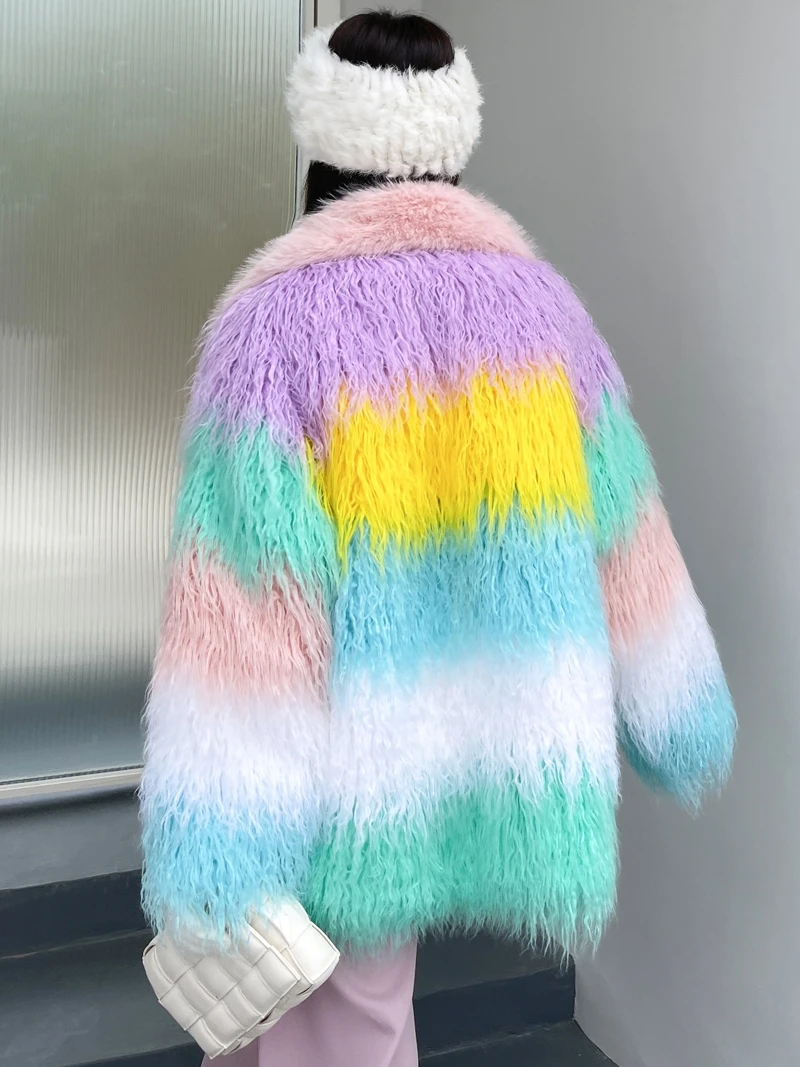 2023 Autumn and Winter New Woman Fur Colored Mosaic Faux Fur Coat Imitation Sheep Suit Collar Mid-Length Imitation Fur Jacket