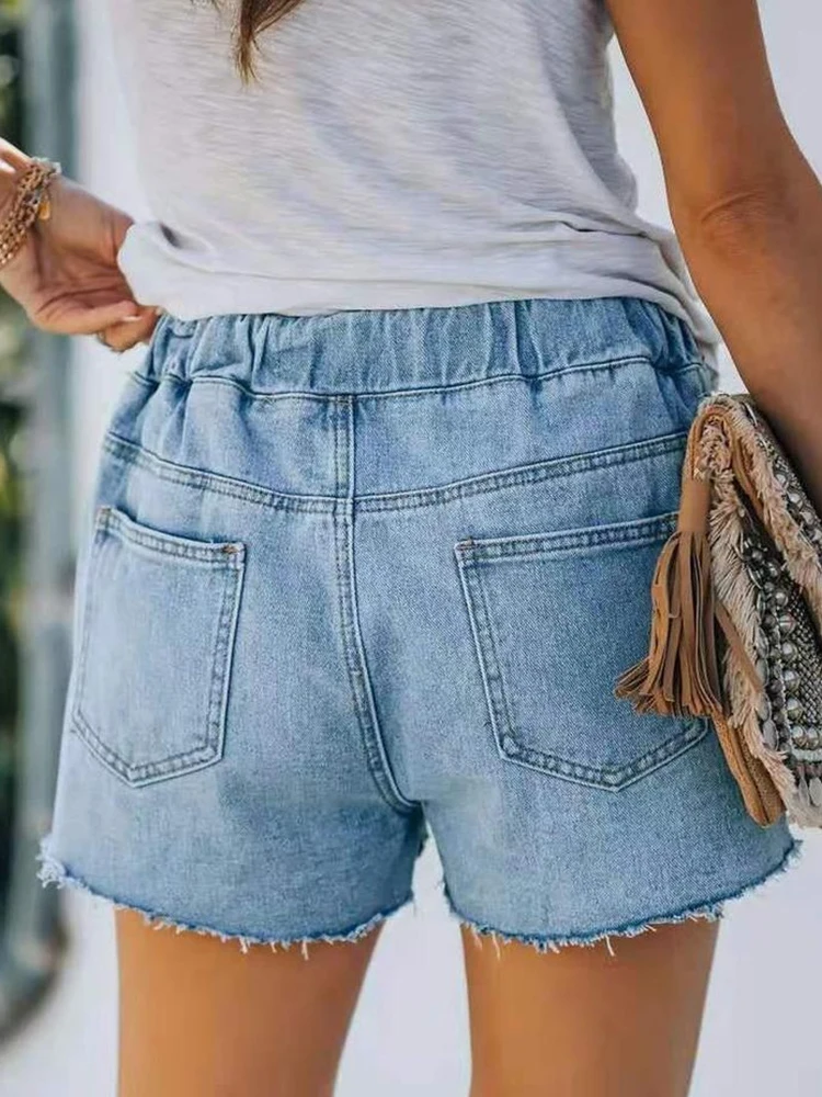Solid Color Wash Lace Up Jeans Female Summer Street Fashion Casual Straight Leg Pants Elastic Waist Women Clothing Denim Shorts
