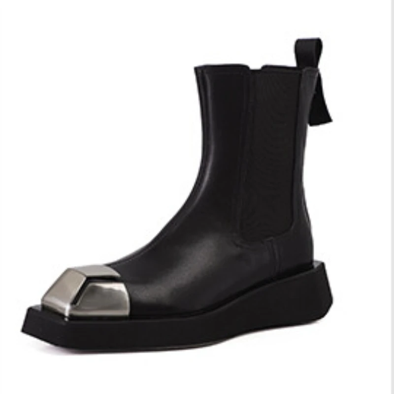 

Женские модные ботинки на платформе с эластичным ремешком, женская обувь на плоской подошве, офисные женские ботинки челси до щиколотки с металлической пряжкой и квадратным каблуком