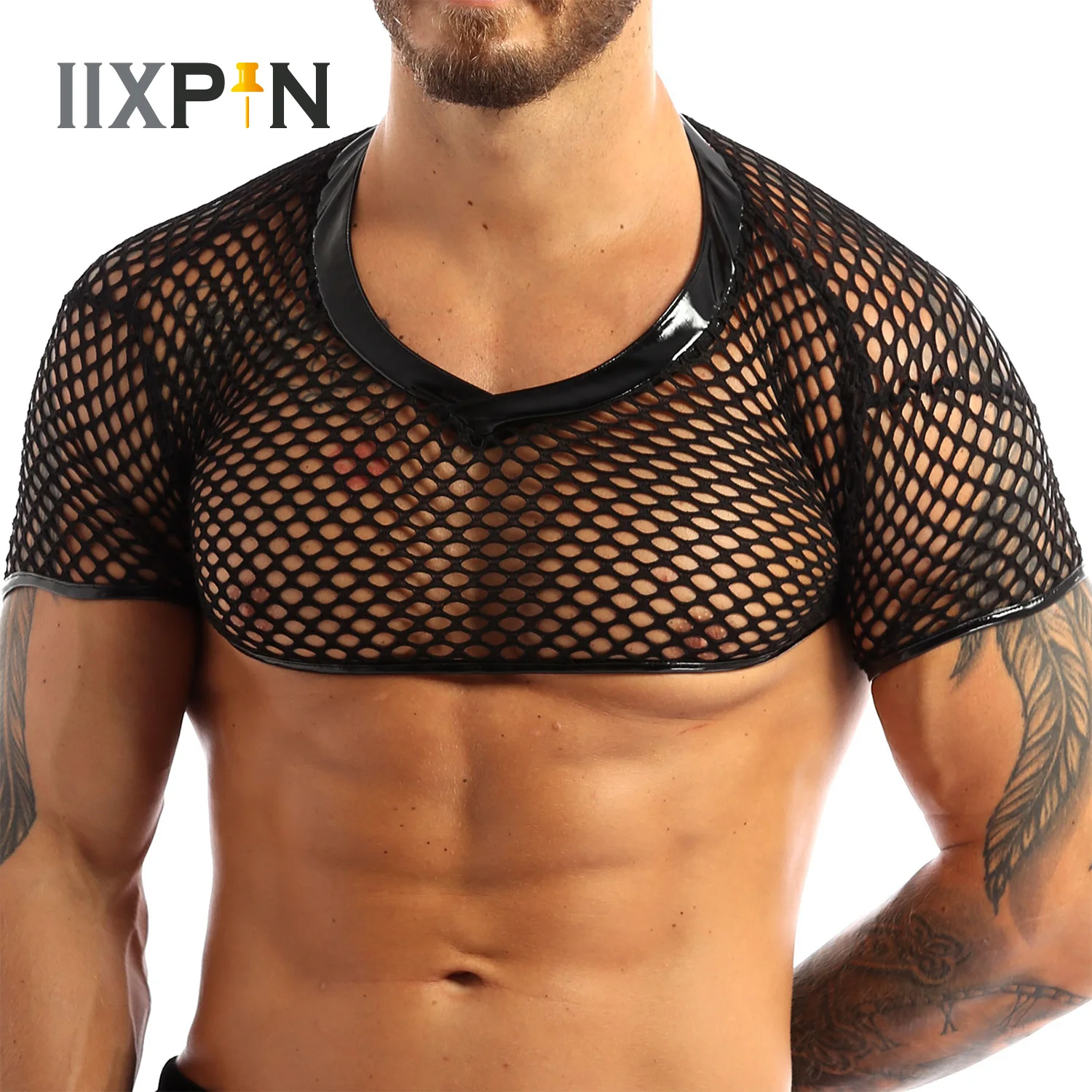 

Mens Erotic Lingerie Muscle Crop Top V-neckline Hem Trimmed in Faux Patent Leather Vest Short Sleeve Fishnet Mesh Tank Top