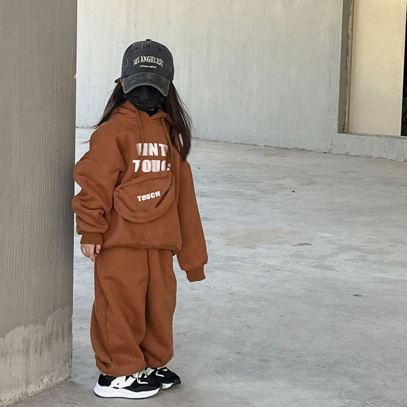 

Осенне-зимний комплект из 2 предметов для девочек, с капюшоном + штаны для бега, Детский комплект для малышей, детская одежда с бархатной подк...