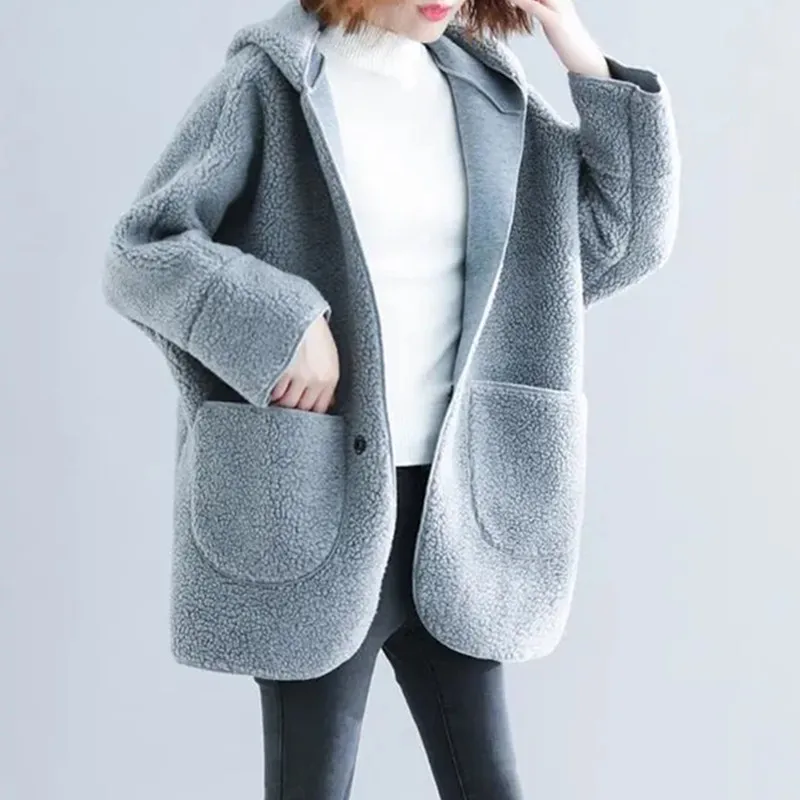 New Autumn Winter Coat Women  lambswool Jacket Hooded Long Loose Slim Big Pocket Solid Outerwear Female Clothing
