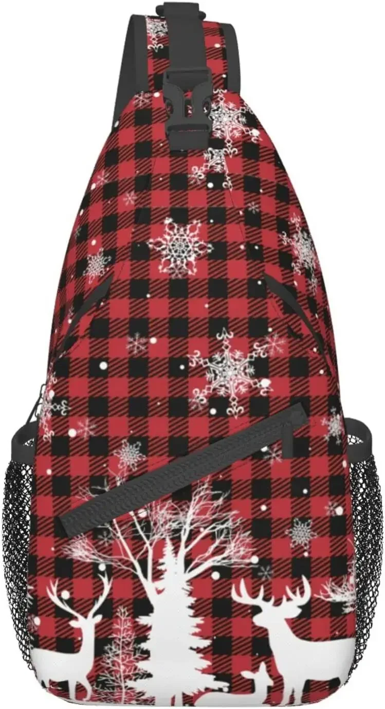 

Buffalo Plaid Merry Christmas Chest Bags Xmas Crossbody Sling Bag Travel Hiking Backpack Casual Shoulder Holiday Decoration