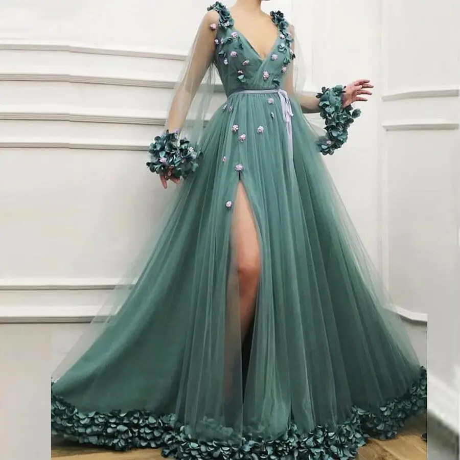 

GUXQD Sexy V-neck Hunter Green Side Slit Tulle A-line Prom Dresses Long Sleeve Flower Formal Evening Dress Robe De Soiree