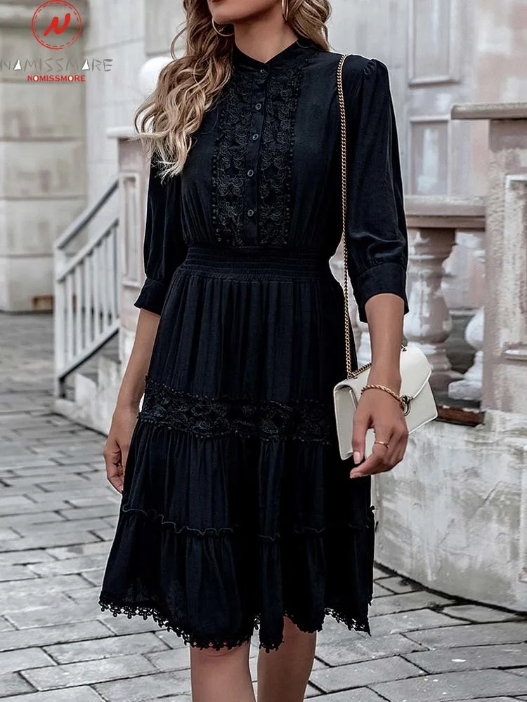 

Elegant Women Summer Solid Color A-Line Dress Single-Breasted Design Lace Tassel Decor O-Neck Half Sleeve High Waist Slim Dress