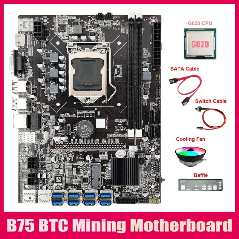 B75 8USB ETH Mining Motherboard+G620 CPU+Fan+Switch Cable+SATA Cable+Baffle LGA1155 DDR3 B75 BTC Miner Motherboard