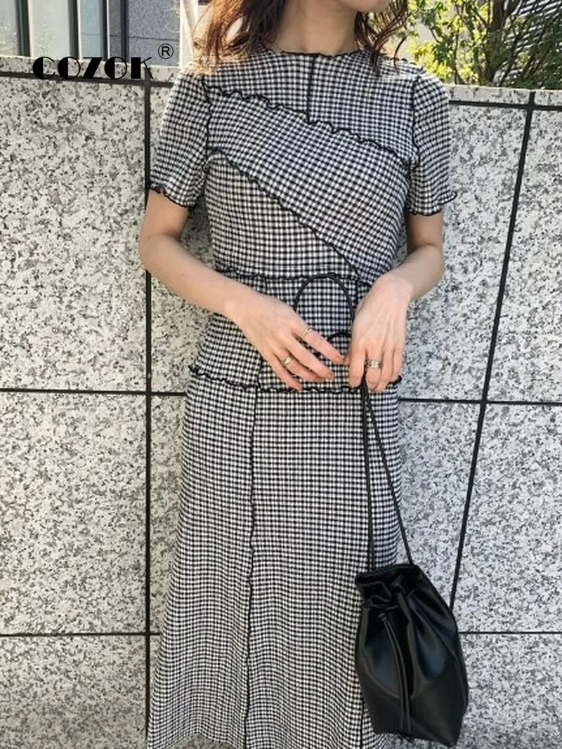 

Cozok Japanese Plaid Slim Waist Dresses Elegant Fungus O Neck Short Sleeve Patchwork Back Bandage 2022 New WomenTemperament Robe