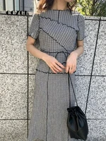 cozok japanese plaid slim waist dresses elegant fungus o neck short sleeve patchwork back bandage 2022 new womentemperament robe