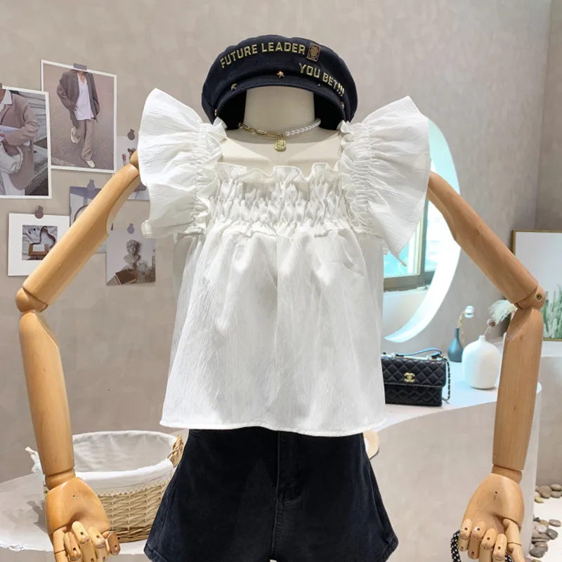 

Niche Design New Women's Clothing 2022 Summer Sweet Girl Solid Color Ruffle Elastic Doll Shirt Flying Sleeve Top Blusas