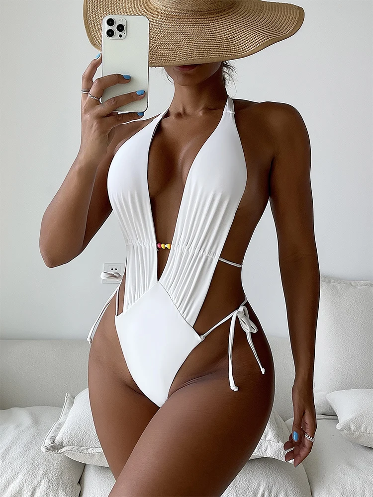 Cut-out Bead Decor Plunging One Piece Swimsuit