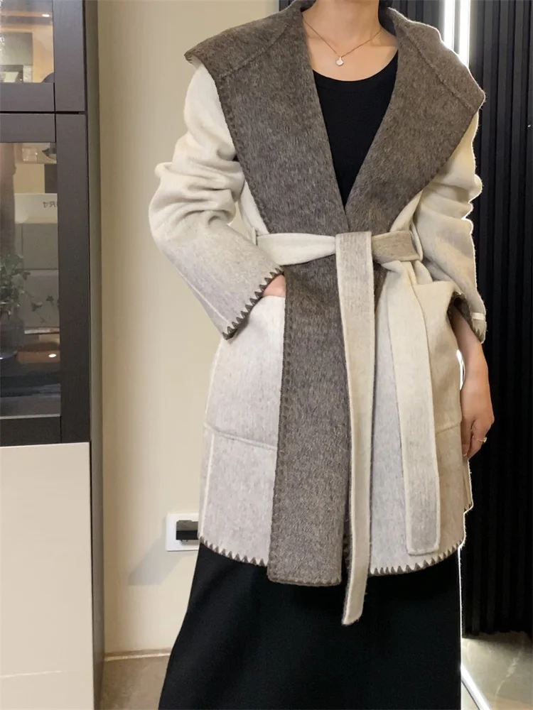 

Новое короткое двухстороннее кашемировое шерстяное пальто с градиентом, женское свободное приталенное шерстяное пальто с капюшоном на шнуровке, твидовая куртка, Осень-зима