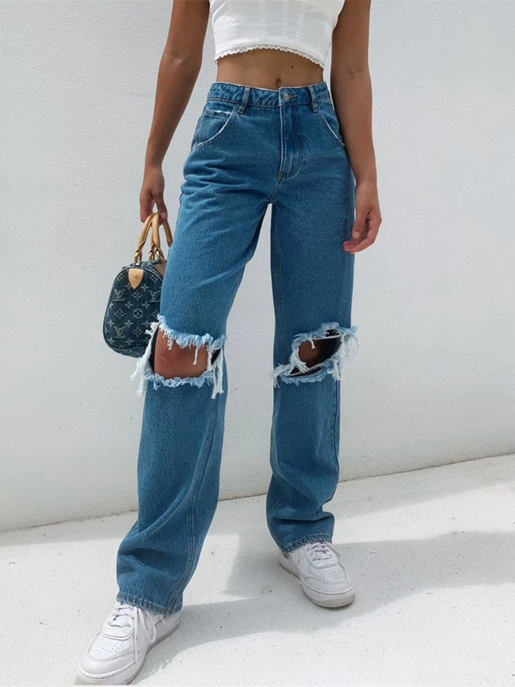 Streetwear Women's Summer Casual Ripped Jeans With Big Holes Straight Slim Long Trousers Girls Hight Waist Loose Denim Pants